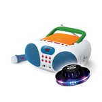 RADIO CD MD-203-KMC Blanc & bleu - Affichage LED - Antenne FM - 1 micro inclus - CD/CD-R/CD-RW - Radio FM - Lumière OVNI