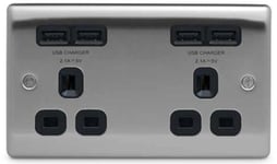 BG NEXUS NBS24U44B BRUSHED STEEL Double Plug Socket 4x USB Charger Ports Black