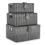 Set of 3 Storage Basket Resin Wicker Woven Hamper Box With Lid & Lock Stackable