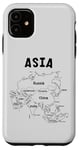 Coque pour iPhone 11 Carte noire dessinée à la main de l'Asie, noms et frontière des pays