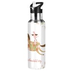 Mnsruu Floral Horses Drink Flask Water Bottle Thermos with Straw Lid for Boys Girls,600 ml,Leakproof Stainless-Steel Sports Bottle