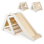 GOPLUS Triangle d’Escalade Montessori Enfants avec Filet à Grimper, Planche et Échelle,Pierres avec Toboggan, Charge 50KG,Aire de Jeux Intérieur pour Bébé 1 an+(Naturel, Blanc)