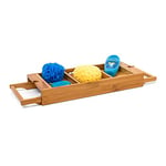 Relaxdays 10019196 Pont de baignoire Tablette de bain Porte-savon Support en bois de bambou Spa H x l x P: 7 x 67,5 x 21 cm salle d'eau détente support livre verre, nature