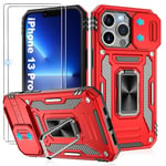 Jshru for iPhone 13 Pro Case with Screen Protector [2 Pack] and Slide Camera Cover,Military Grade Shockproof iPhone 13 Pro Phone Case,Ring Kickstand Phone Cover for iPhone 13 Pro,Red