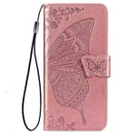 TANYO Flip Folio Case for Motorola Moto G9 Play/Moto E7 Plus, PU/TPU Leather Wallet Cover with Cash & Card Slots, Premium 3D Butterfly Phone Shell - Rose Gold