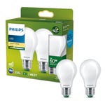 Philips, ampoule LED Ultra Efficient classe A, culot E27, dépolie, équivalent 60W, blanc chaud 2700K, verre, lot de 2