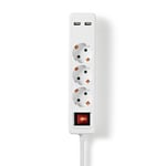 Nedis Extension Socket | Jordet kontakt / Type F (CEE 7/7) | 3-veis | 1.50 m | 3680 W | 16 A | Type av jording: Sidekontakter | 230 V AC 50/60 Hz | Uttaksvinkel: 45 ° | H05VV-F 3G1.5mm² | Av/på-bryter | Hvit