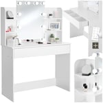 TecTake® Coiffeuse avec Miroir Table de Maquillage Vanity Desk Moderne avec 4 étagères 1 tiroir, Éclairage 10 Lampe LED Rangement Maquillage Meuble Coiffeuse Adulte Femme Blanc