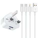 iPhone 16 Fast Charger Plug and Cable,Dual Port Micro USB iPhone Charge Plug for iPhone 16/15/14/14 Pro/13/13 Pro/12/12 Pro/11, iPhone USB C to Lightning and Cable and Type C Plug and Lead