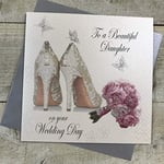 WHITE COTTON CARDS Wedding Day Carte Faite Main Inscription to a Beautiful Daughter with Chaussures et Bouquet Blanc