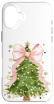 Coque pour iPhone 16 Plus Coquette rose avec nœud en ruban et sapin de Noël vert pour fille