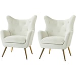 Lot de 2 Fauteuil Salon Fauteuil Scandinave Chaise Confortable en Velours avec Pieds en Métal Doré & Wingback Pour Salon, Chambre, Blanc