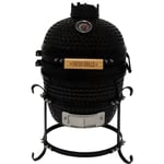 Monster Shop - Barbecue Charbon de Bois Mini Kamado, bbq Céramique Noir 33cm avec Poignée en Bois, Thermomètre Intégré, Ventilation Supérieure &