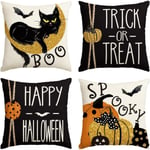 Glad Halloween Boo Svart Katt Trick or Treat Kuddfodral, 18 x 18 Tum Spöklik Pumpa Fladdermus Kuddfodral för Soffa Soffgrupp 4-pack