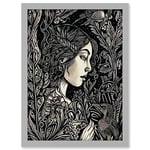 Woman with Crow in a Field Black and White Linocut Artwork Framed A3 Wall Art Print