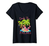 Womens Deck The Palms Trees Christmas Lights Flamingos Coastal V-Neck T-Shirt