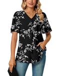 Bestbee Ladies Summer Tops, V Neck Flowy Short Sleeve Shirts Dressy Chiffon Tunic Tops Casual T-Shirts Cute Blouses for Women, M, Black-White Flower-1