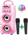 Machine à Karaoké Portable DYNASONIC avec 2 Micros, Enceinte Haut-Parleur Bluetooth, Designs Exclusifs, Lecteur USB/SD, Lumières, Cadeau pour Enfants (Modele 15 lumière)