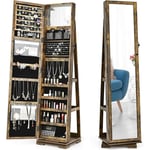 Armoire à Bijoux Pivotante à 360 Degrés, avec Grand Miroir Psyché et Etagère de Rangement à L'Arrière Brun rustique - Costway