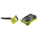 Ryobi R18TB-0 18V ONE+ Cordless Toolshop Blower (Zero Tool), Hyper Green & RC18150 18V ONE+ Cordless 5.0A Battery Charger, Hyper Green/Grey