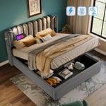 Lit adulte-Lit capitonné lit double liseuse avec fonction de chargement tête de lit espace de rangement cadre de lit lit d'adolescent en velours