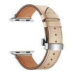 Bracelet en Cuir compatible pour Apple Watch Band 49 45mm 44mm 42mm,Bracelet en Cuir Véritable de Remplacement pour iwatch Series Ultra 2/Ultra/9 8 7 6 SE 5 4 3 2 1,Silver button apricot,42/44/45/49mm