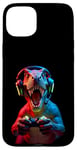 Coque pour iPhone 15 Plus Gaming Dinosaurs- Le T-rex joue aux jeux vidéo