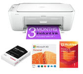 HP DeskJet 2810e All-in-One Wireless Inkjet Printer & Instant Ink with HP+, Microsoft 365 Personal - 12 months for 1 user, A4 Premium Black Label Paper - 500 Sheets, Privacy & Identity Guard - 1 year for 1 user Bundle, White