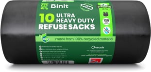 BIN IT 10 Tie Top, Ultra Heavy Duty, 120 Litre XL Refuse Sacks, Bin Bags, Bin L