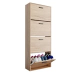 CASABEL Meuble de Rangement a Chaussure 24 Paires - Armoire Etagere Grande Capacité pour Entree, Couloir - L60xP24xH150 cm - Portes et Cadre Bois Clair