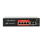 Switch POE PNI SWPOE42, 4 Ports POE 100 Mbps et 2 Ports UP Link 100 Mbps, 65 W, Fonction AI Extend jusqu'à 250 m, Protection Contre la Foudre 4kV