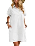 Zeagoo Robe Tunique Femme en Lin Robes d'Été Unies Casual Courte Robe Unie Blanche Taille S