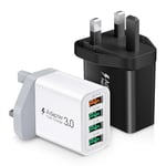 USB Plug UK,2 Pack Acezeek 33W 4 Ports Fast Charger Plug with 33W Intelligent Quick Charge 3.0 Wall Charger,Multi USB Charger for iPhone 15/14/13 Pro/Max/X/8/7/6,Samsung Galaxy S24/S23/S20,iPad,LG