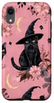 Coque pour iPhone XR Carte de tarot florale rose Pop Art croissant de lune et chat noir