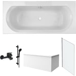 Jacob Delafon - Pack baignoire 180 x 80 Elise + tablier angle + pommeau et mitigeur bain noir Aimé + pare bain chromé + vidage