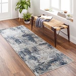 Surya Paris Tapis Moderne Abstrait - Tapis de Couloir, Salon, Salle à Manger, Chambre Adulte et Ado, Cuisine, Entrée - Tapis Design Marbre Moucheté, Tapis Poil Ras Doux 80x220cm - Bleu, Gris, Beige