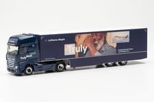 Herpa Maquette Camion Mercedes-Benz Actros Gigaspace décl. Semi-remorque à Fourgon Lufthansa., échelle 1/87, Model Allemand, pièce de Collection, Figurine Plastique