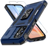 DEERLAMN Case for Samsung Galaxy A15 5G with Slide Camera Cover+Screen Protector (1 Pack), Rotated Ring Kickstand Military Grade Shockproof Protective Cover-Navy Blue