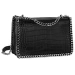 CRAZYCHIC - Sac Bandoulière Cuir Serpent Effet Matelassé Femme - Imitation Rigide PU - Rabat Python Bordures Chaînes - Noir Croco