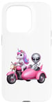 Coque pour iPhone 15 Pro Licorne et extraterrestre OVNI équitation une moto garçons filles femmes