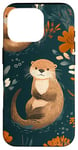 Coque pour iPhone 16 Pro Orange minimaliste floral mignon loutre de mer sur bleu sarcelle uni