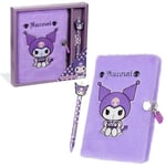 Hello Kitty A5 Secret Diary & Pen Set Stationery Set Kawaii Office or School Supplies Kuromi Fluffy Lockable Journal & Ballpoint Pen, Anime Gifts (Purple)