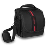 PEDEA Sacoche pour Appareil Photo DSLR *Essex* Sacoche pour Appareil Photo Reflex avec Protection Contre la Pluie, bandoulière & Compartiments pour Accessoires, Taille M Noir/Rouge