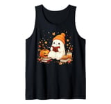 Cute Ghost Reading Book Lovers Halloween Ghost Coffee Cozy Tank Top