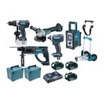 Makita - Pack Pro 18V 5Ah: Perceuse 91Nm DDF458 + Meuleuse 125mm DGA504 + Perforateur 2J DHR202 + Visseuse à chocs 165Nm DTD152 +