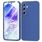 BUTISHIYU Coque en Silicone Compatible avec Samsung Galaxy A55 5G avec Protecteur D'écran en Verre Trempé,étui de Protection Complète,Housse Doublure Douce en Tissu Microfibre,Anti-Chocs - Bleu