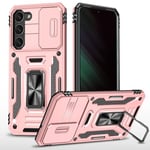 vumebao Coque pour Samsung S23 avec, Support 360° Rotatif Full Protection de la Caméra en PC Dur Anti-Chut Renforcée Armor Heavy Duty Antichoc Bumper Etui pour Samsung S23 Rose