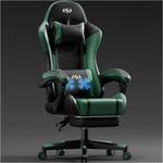 HLONONE Chaise Gaming Massante, Siège de Bureau réglable, Chaise Gamer avec Coussin Lombaire Massant et Repose-Pieds, Noir et Vert