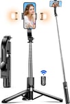 Perche à Selfie 115 CM avec Trépied Amélioré - 2 Lumière d¿Appoint - Trépied pour Téléphone avec Télécommande Détachable, 360° Rotation pour iPhone 14 13 12 11 Pro XS Max XR, Samsung, Huawei, GoPro