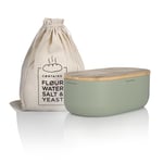 LARS NYSØM Bread Bin I Metal bread box with linen bread bag for long lasting freshness I Bread bin with bamboo lid usable as cutting board I 14.2x7.5x5.1 In (Sage Green)